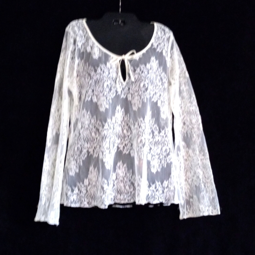 Vintage Victoria's Secret Moda International Lace Sheer Top w/piping & bow  L